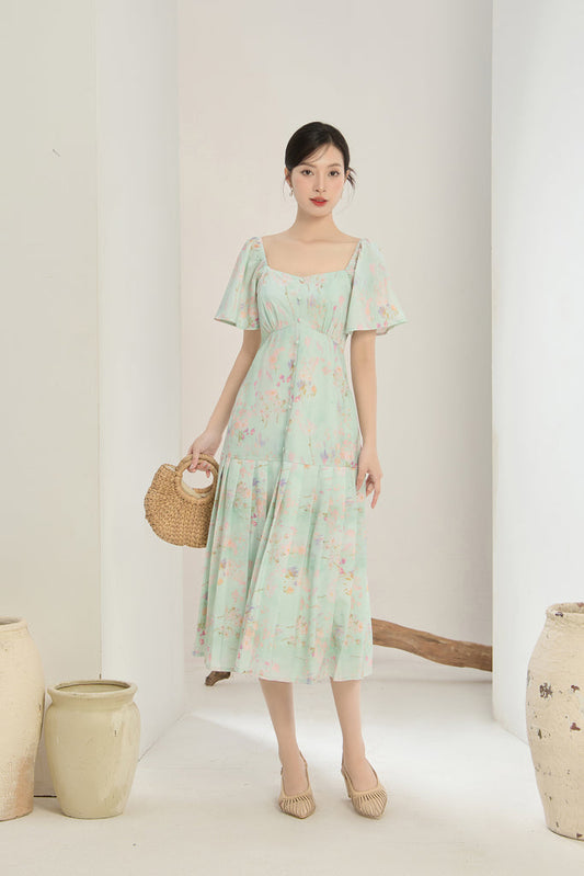 Song Of Spring Floral Pleated Buttons Dress - Green
