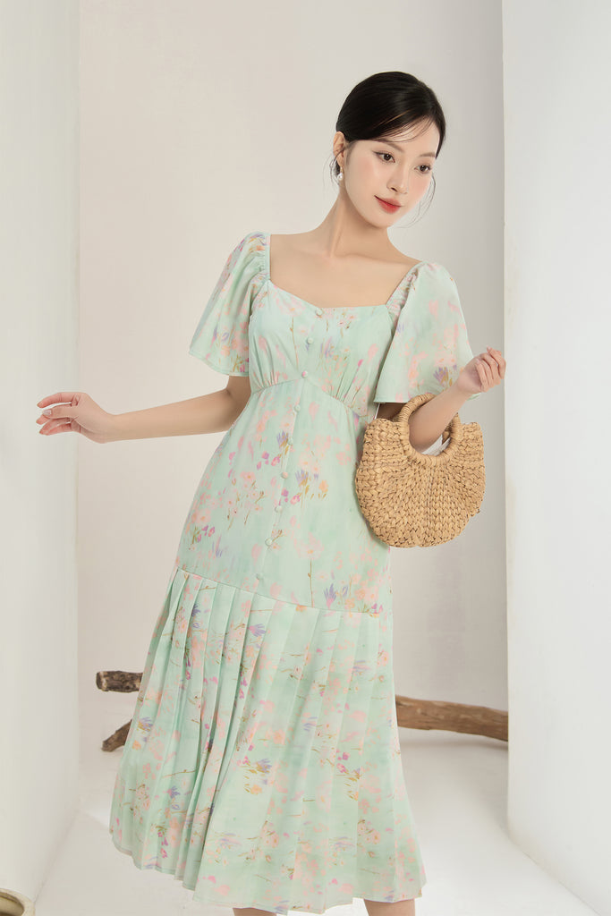 Song Of Spring Floral Pleated Buttons Dress - Green