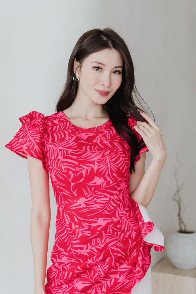 Daphne Cap Sleeves Ruffle Slit Dress - Red