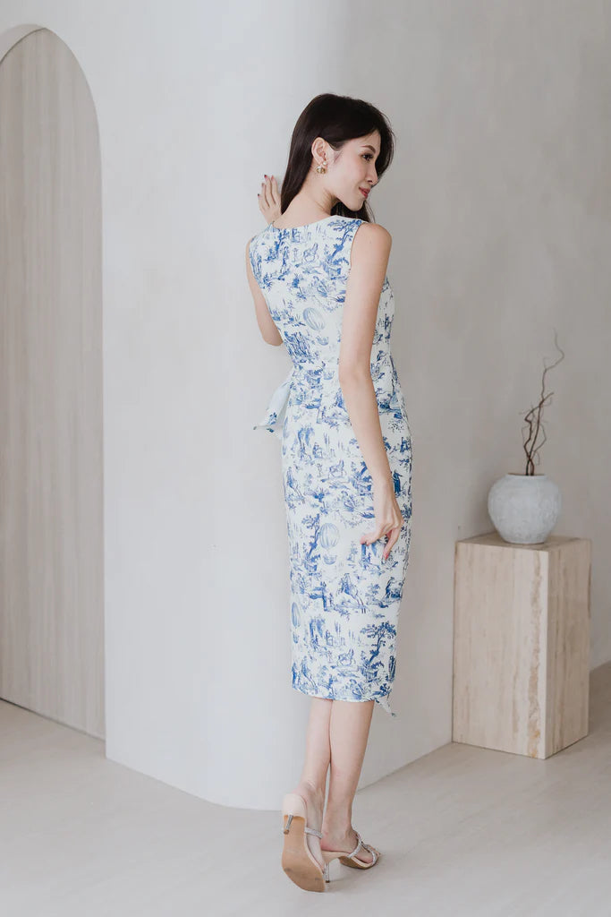 Riviera Square Neck Ruffle Slit Dress - Blue Porcelain