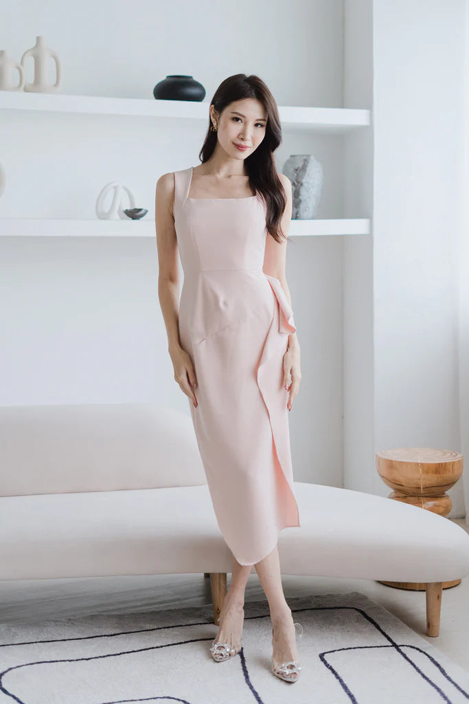 Riviera Square Neck Ruffle Slit Dress - Nude Pink