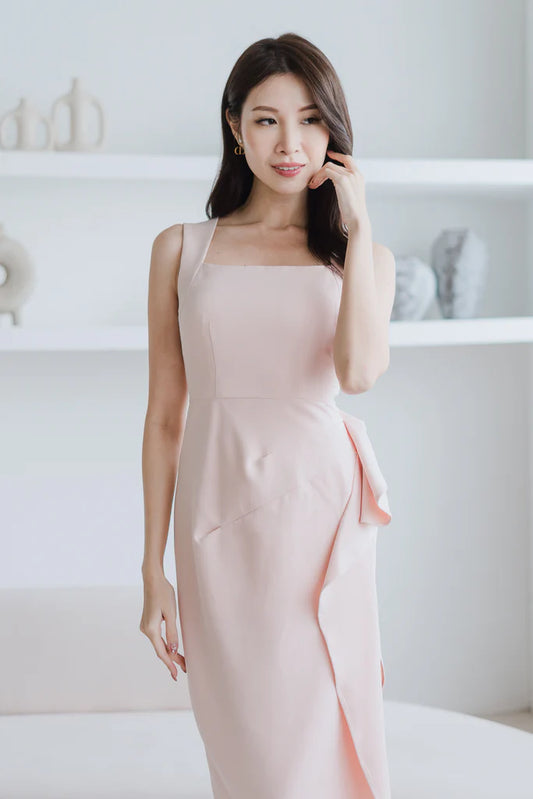 Riviera Square Neck Ruffle Slit Dress - Nude Pink