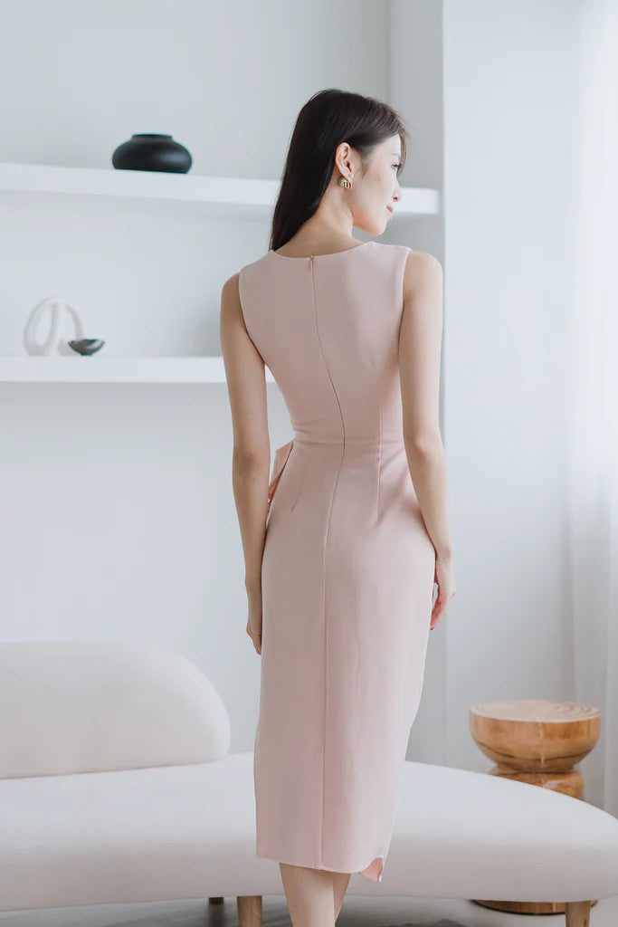 Riviera Square Neck Ruffle Slit Dress - Nude Pink