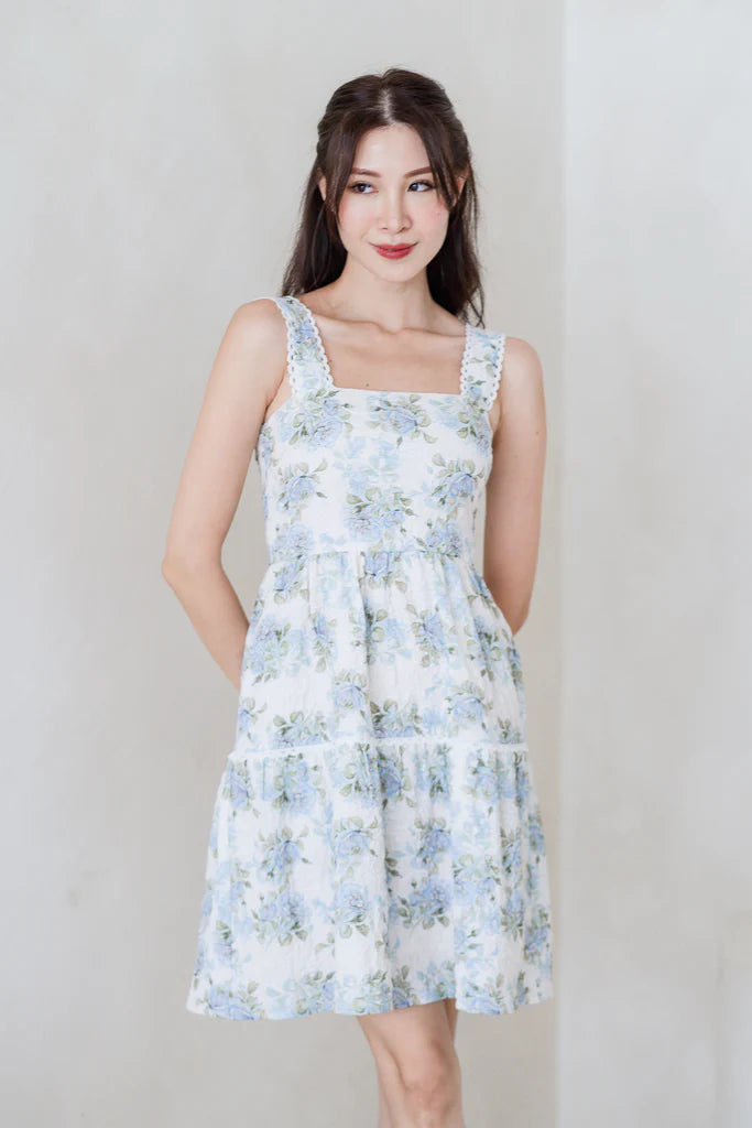 Hera Emboss Lattice Tier Babydoll Dress - Blue Rose