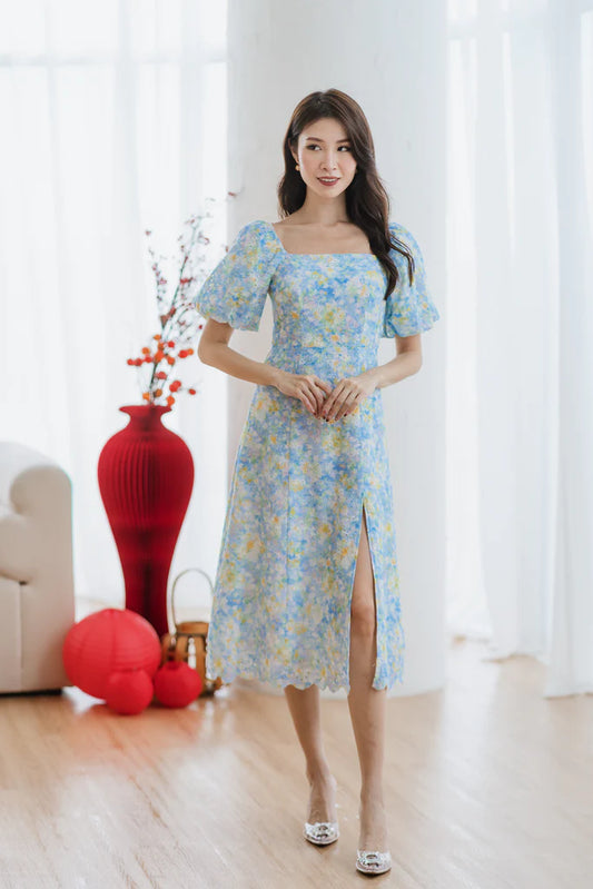 Lunar Eyelet Puffy Sleeves Slit Dress - Moonriver