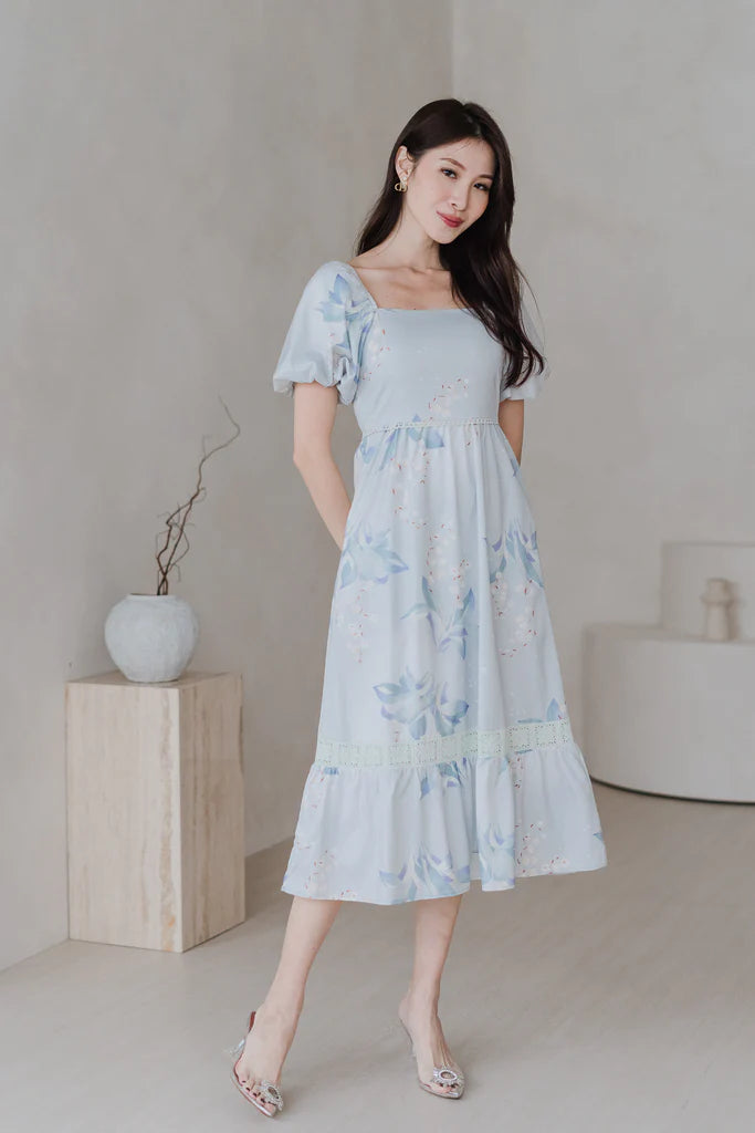 House of Bloom Lattice Insert Puffy Sleeves Midi Dress