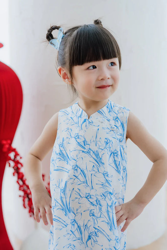 Mini 乐 Joyous Emboss Mommy Cheongsam - Blue Porcelain