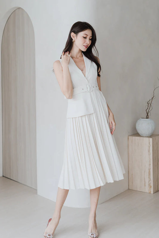 Amber Waistcoat Pleated Dress - Bone