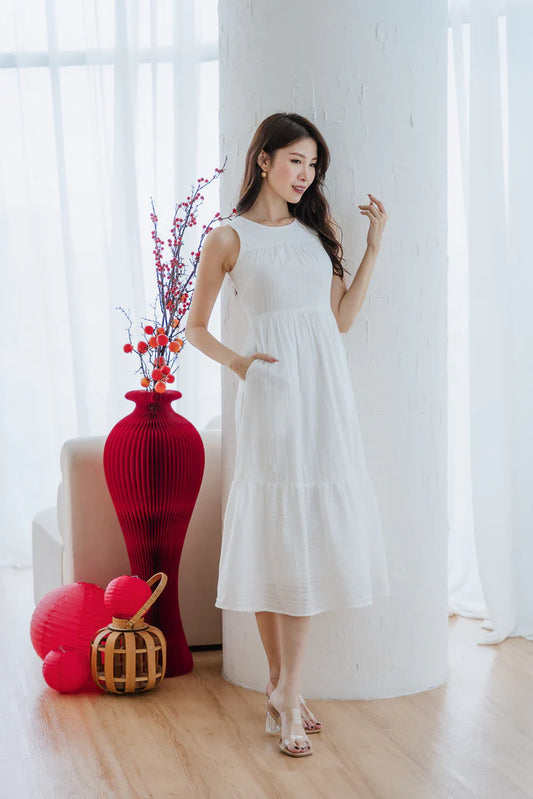 Colina Lattice Eyelet Tier Maxi Dress - White