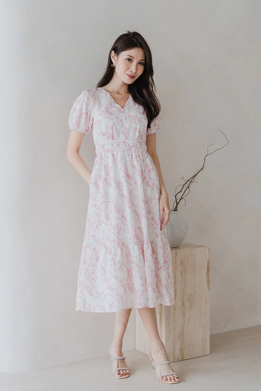 Cherrie-Bloom Emboss Porcelain Button Dress - Pink