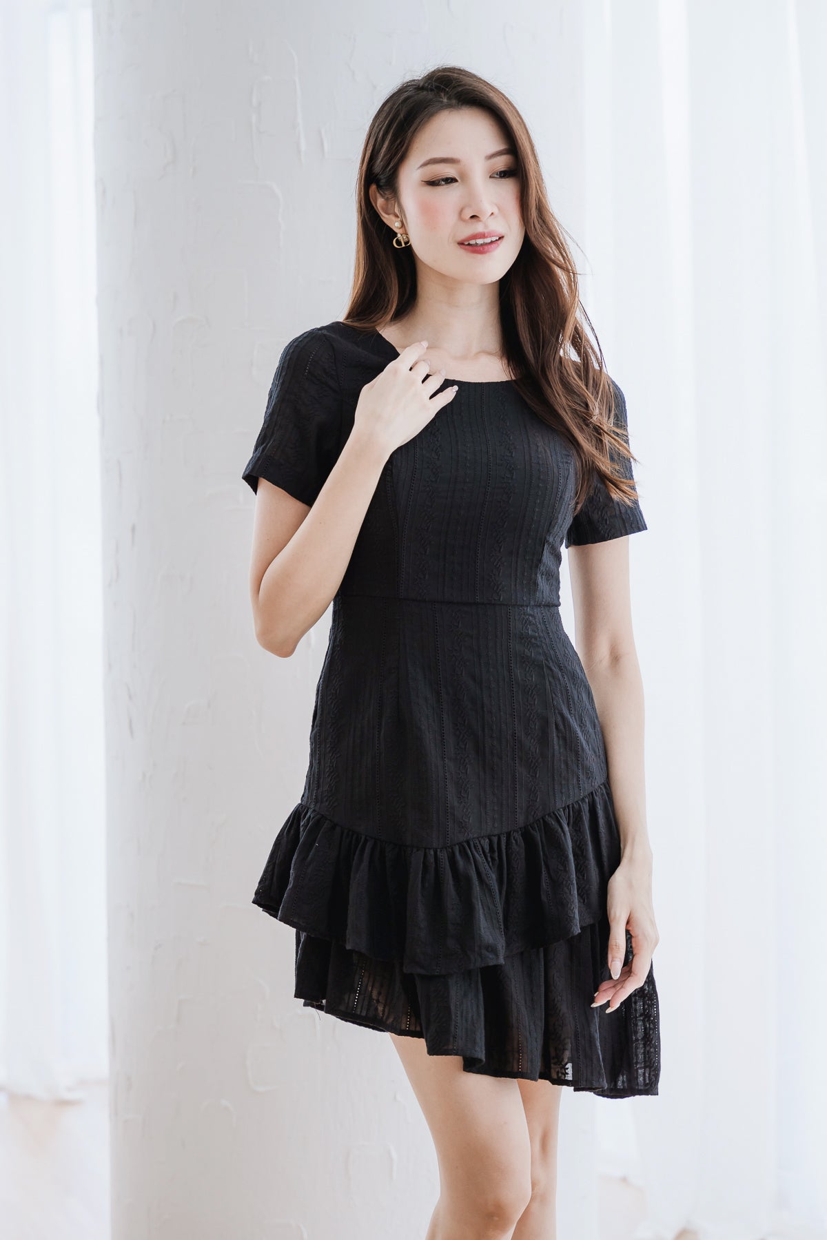 Saddle Eyelet Ruffle Hem Dress - Black