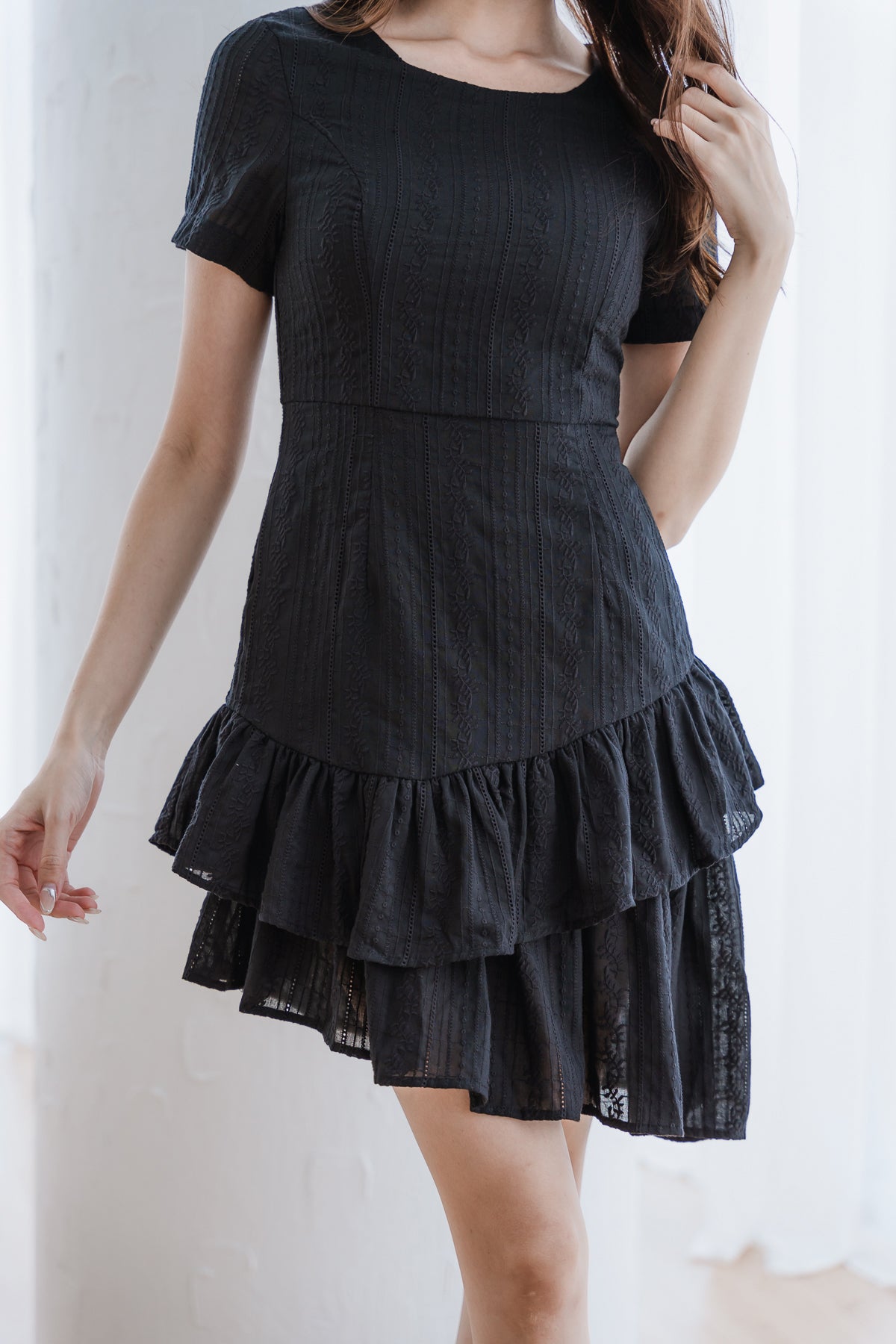 Saddle Eyelet Ruffle Hem Dress - Black