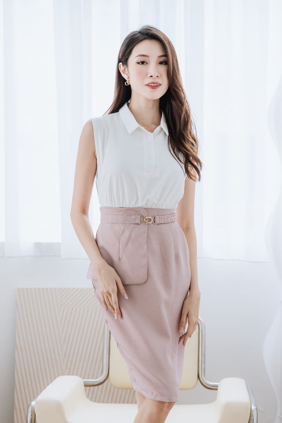 Edele Detachable Peplum Belt Dress - White / Pink