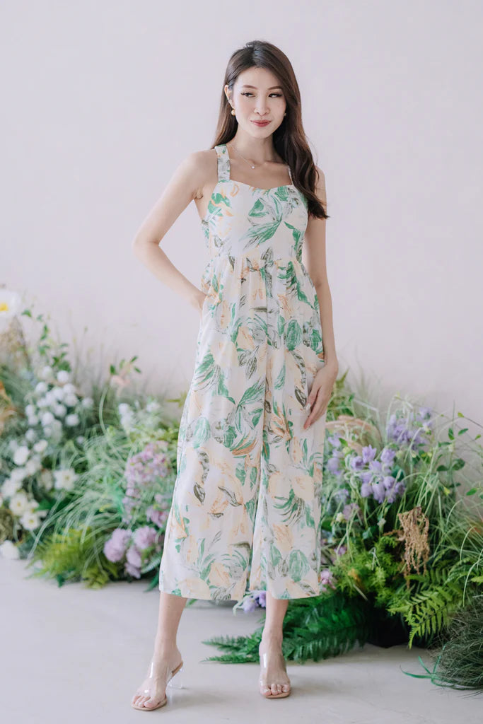 Claudia Padded Cross Back Jumpsuit - Green Floral