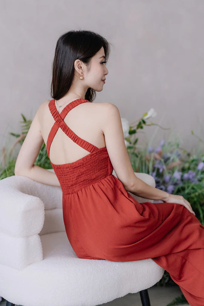 Claudia Padded Cross Back Jumpsuit - Rust Red