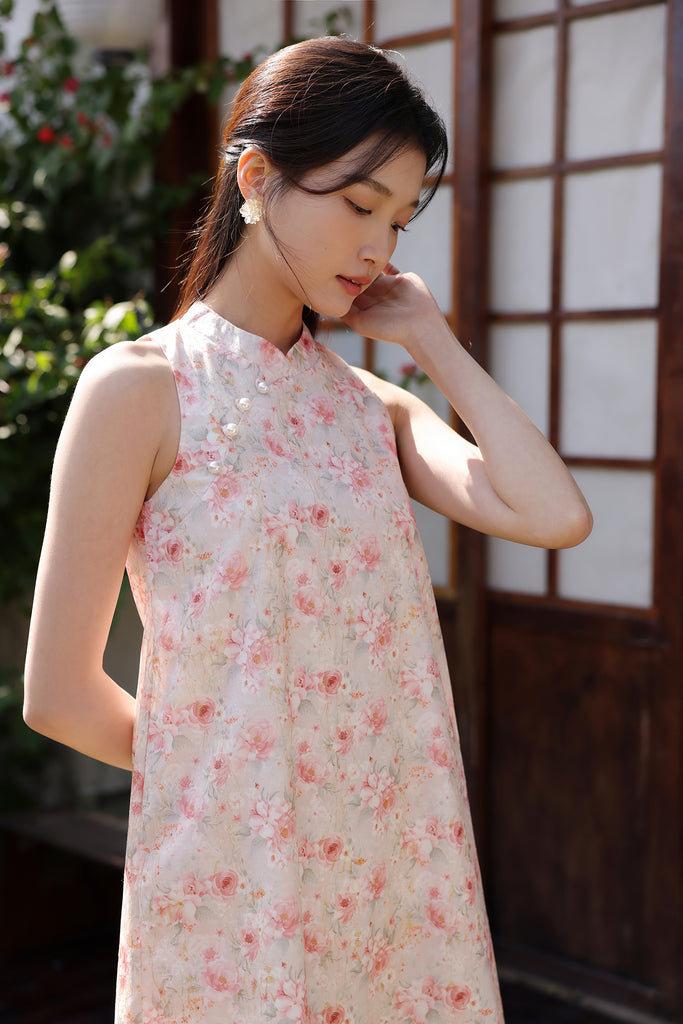 Spring Bloom Oriental Pearl Cheongsam Dress - Pink