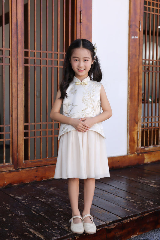 金碧辉煌 Golden Hour Jacquard Girl's Cheongsam Dress - Beige