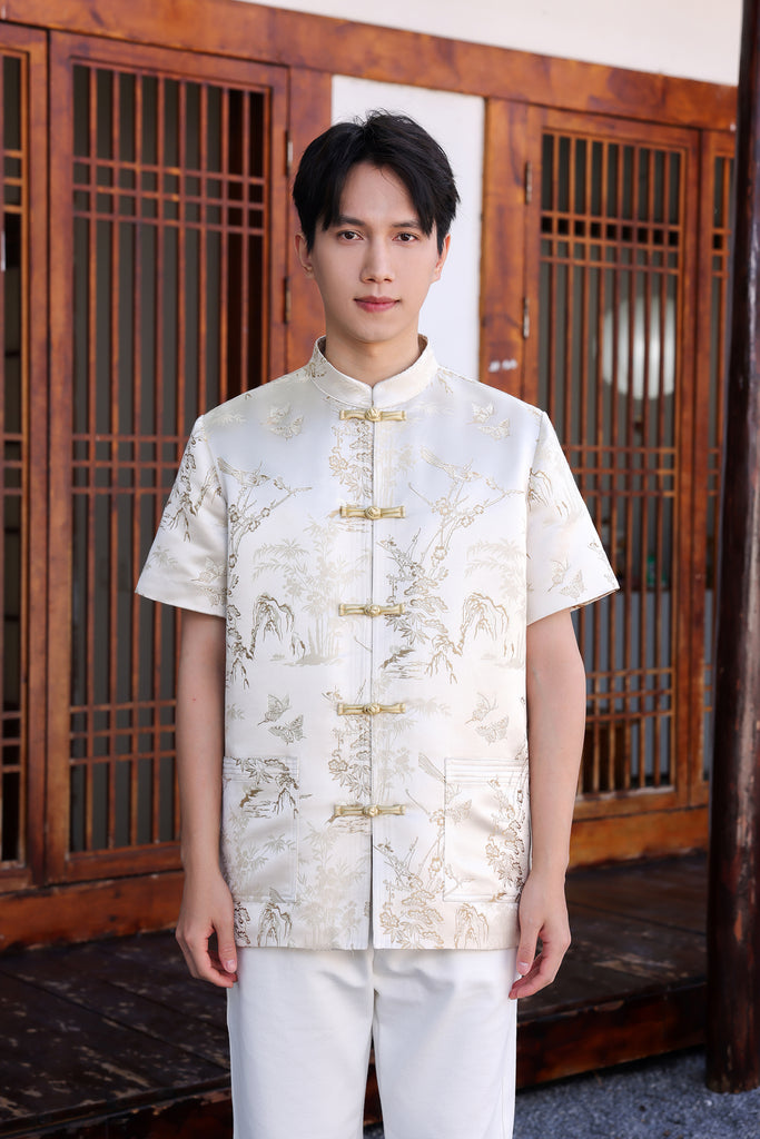 金碧辉煌 Golden Hour Jacquard Samfu Shirt - Beige Gold