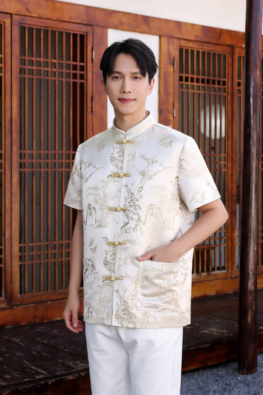 金碧辉煌 Golden Hour Jacquard Samfu Shirt - Beige Gold