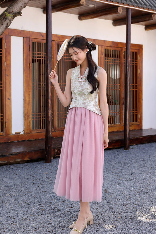 花好月圆 Blissful Jacquard Cheongsam Peplum Dress - Pink