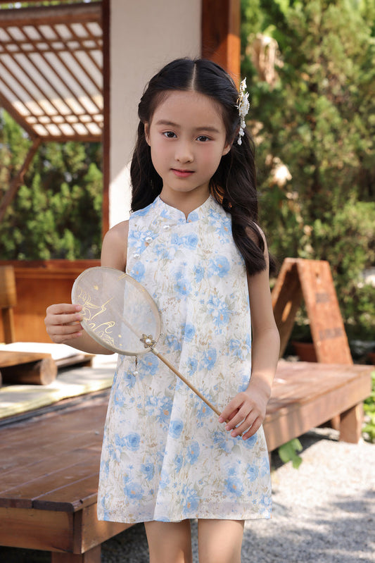 Spring Bloom Kids Oriental Pearl Cheongsam Dress - Blue