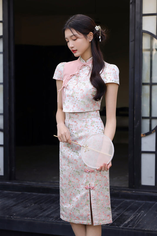 Yue Ribbon Jacquard Cheongsam Set Wear - Pink