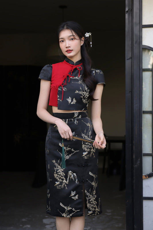 Yue Ribbon Jacquard Cheongsam Set Wear - Black