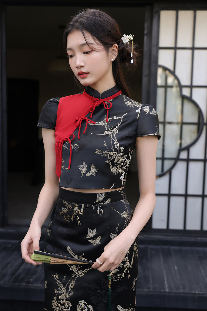 Yue Ribbon Jacquard Cheongsam Set Wear - Black