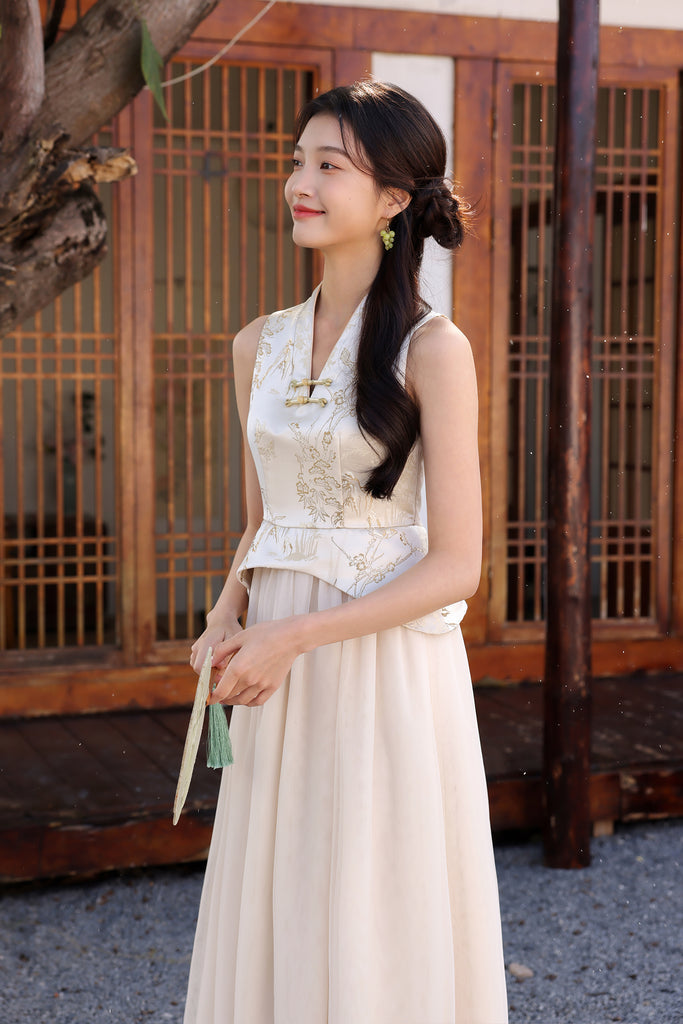 金碧辉煌 Golden Hour Jacquard Cheongsam Peplum Dress - Beige Gold