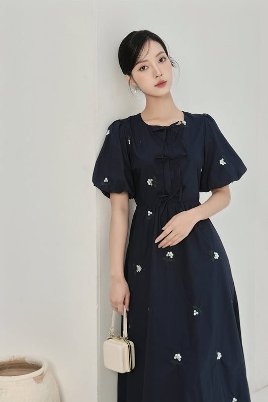 Helena Embroidery Ribbon Tie Midi Dress - Navy