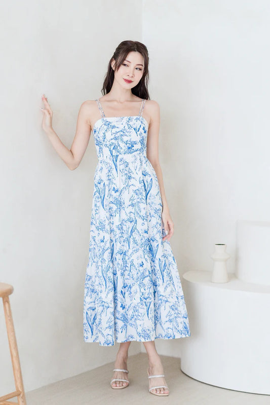 Beverly Double Spaghetti Pleated Maxi - Blue Porcelain