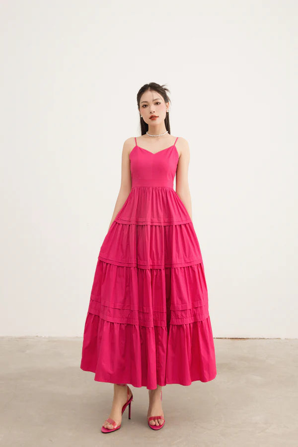 Zoilia Tiered Maxi Dress in Hot Pink