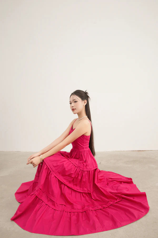 Zoilia Tiered Maxi Dress in Hot Pink